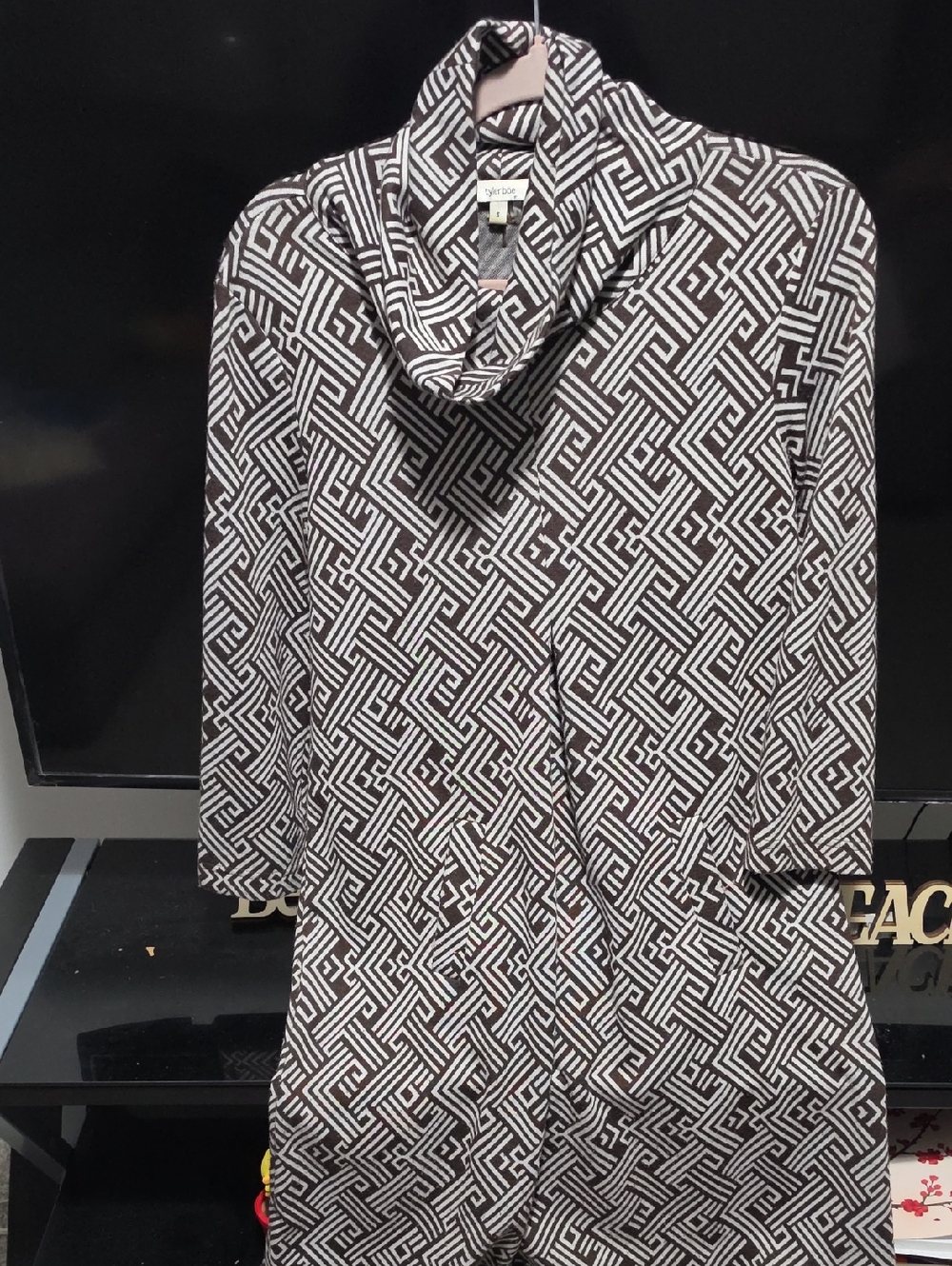 Tyler Boe Black and White Geometric Cowl-Neck Mini Dress